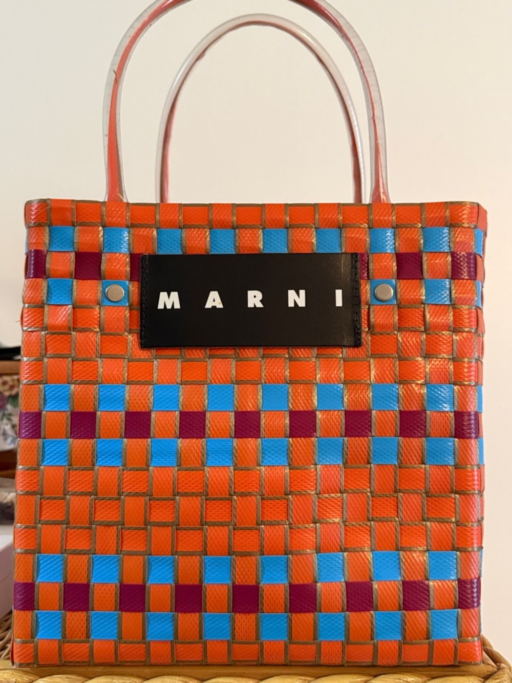 Marni Orange Woven Tote with Blue and Purple Check Pattern
